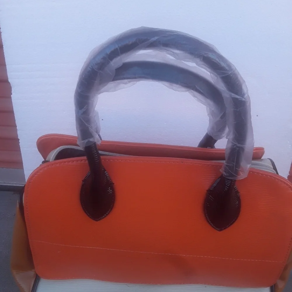 NEW Black Orange Tan Patent color block Doctor Bag Purse Satchel Handbag Chain - Picture 2 of 7